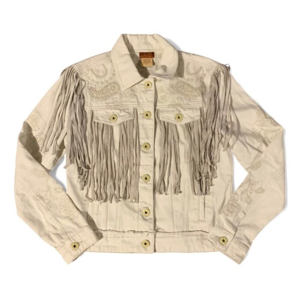 Scully Off-White Western Denim Fringe Jacket – Floral Embroidery Medium